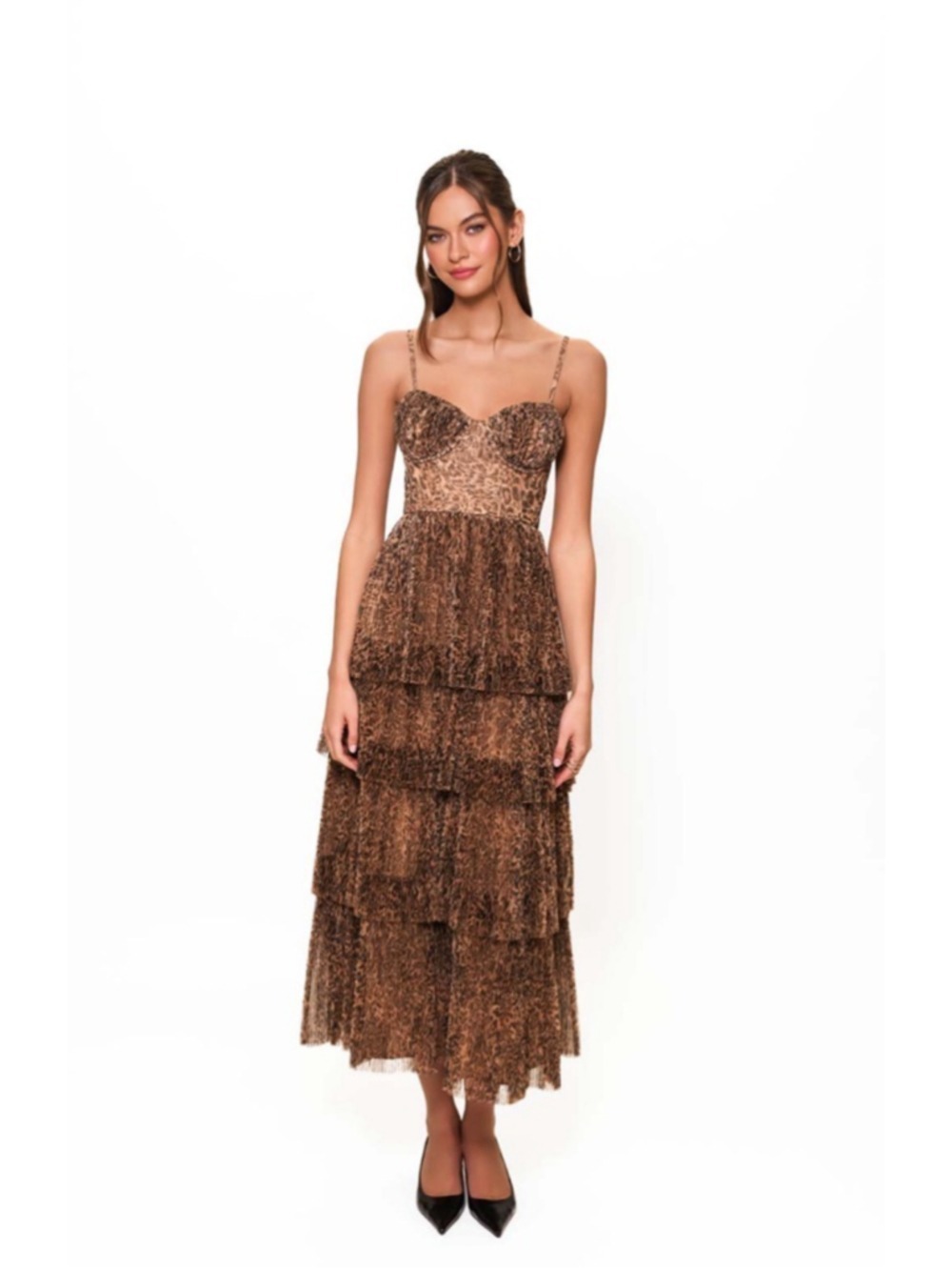 Women's Hutch Brown Black Leopard Print Tiered Midi Dress Size 4 - Picture 7 of 8